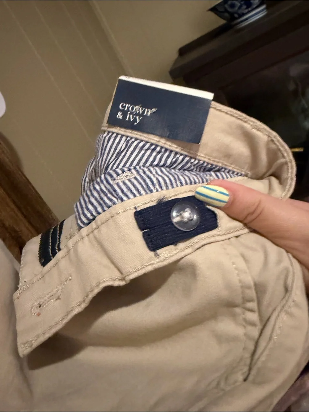 crown & ivy Beige Casual Pants with Navy Trim